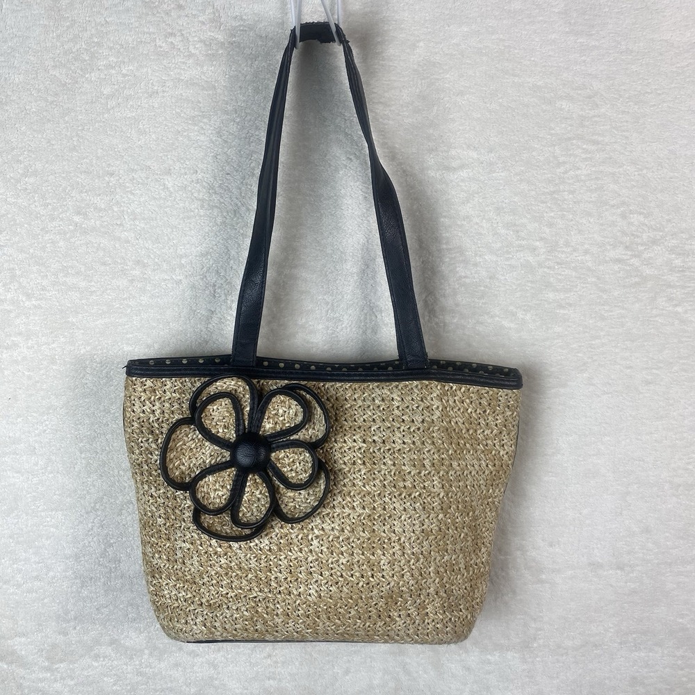 Vtg Woven Straw Shoulder Bag Purse‎ Woven 3D Flower accent Black Leather Trim